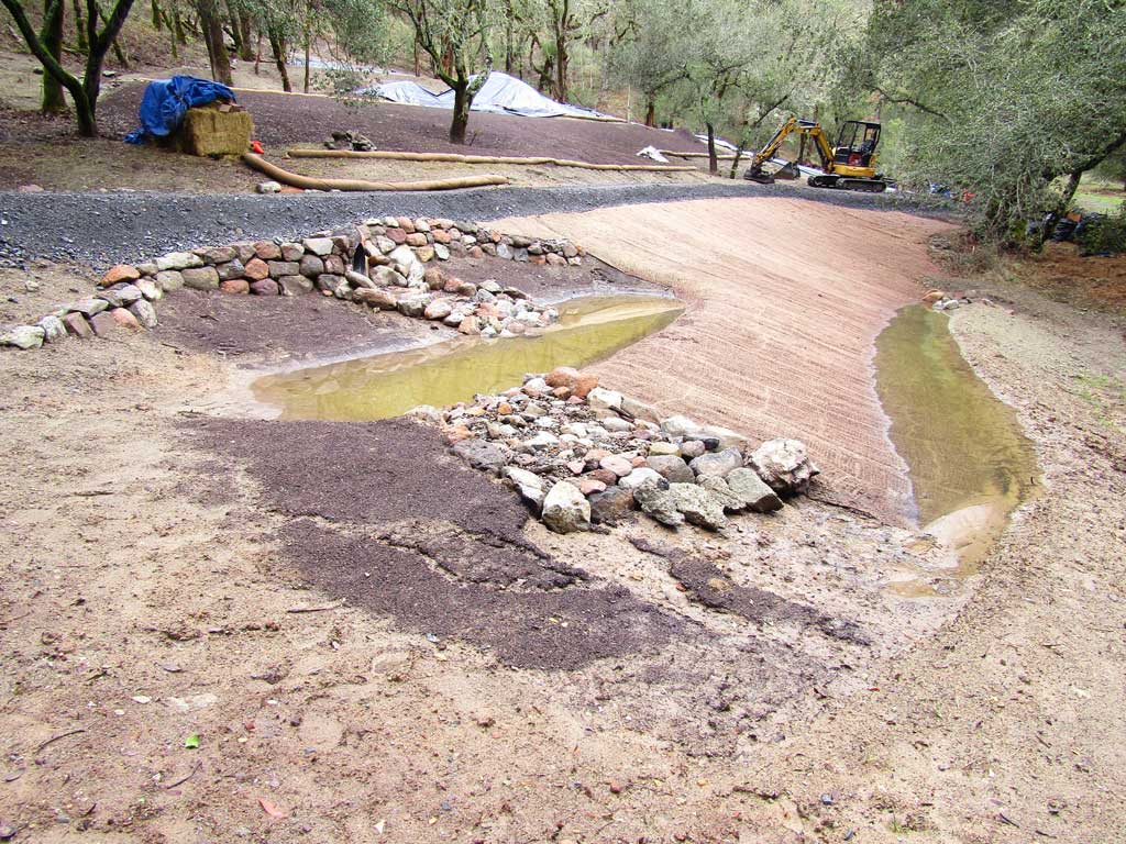 Swale built below a culvert to spread and infiltrate runoff